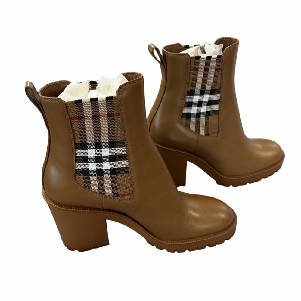 Burberry Brown Leather Ankle Boots with Signature Check